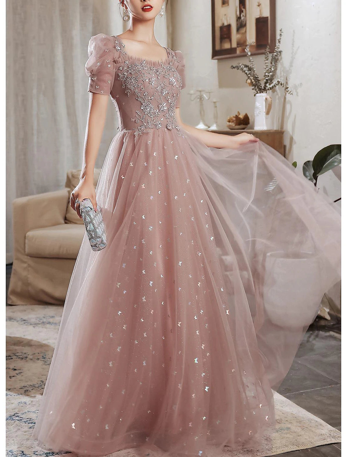 A-Line Prom Dresses Elegant Dress Wedding Guest Prom Floor Length Short Sleeve Sweetheart Satin V Back with Beading Appliques 2025
